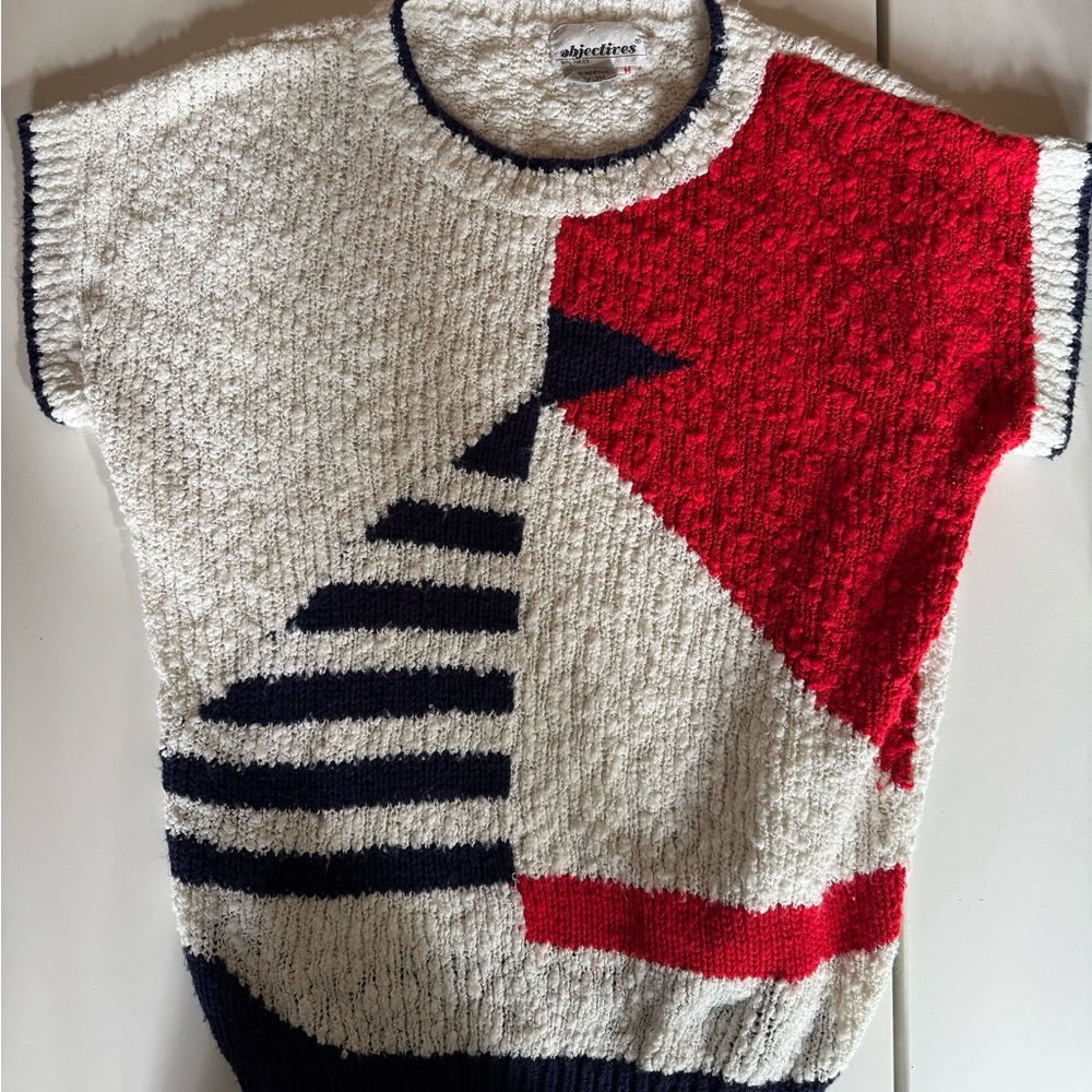 Red, Navy & Cream Geometric Crewneck Sweater